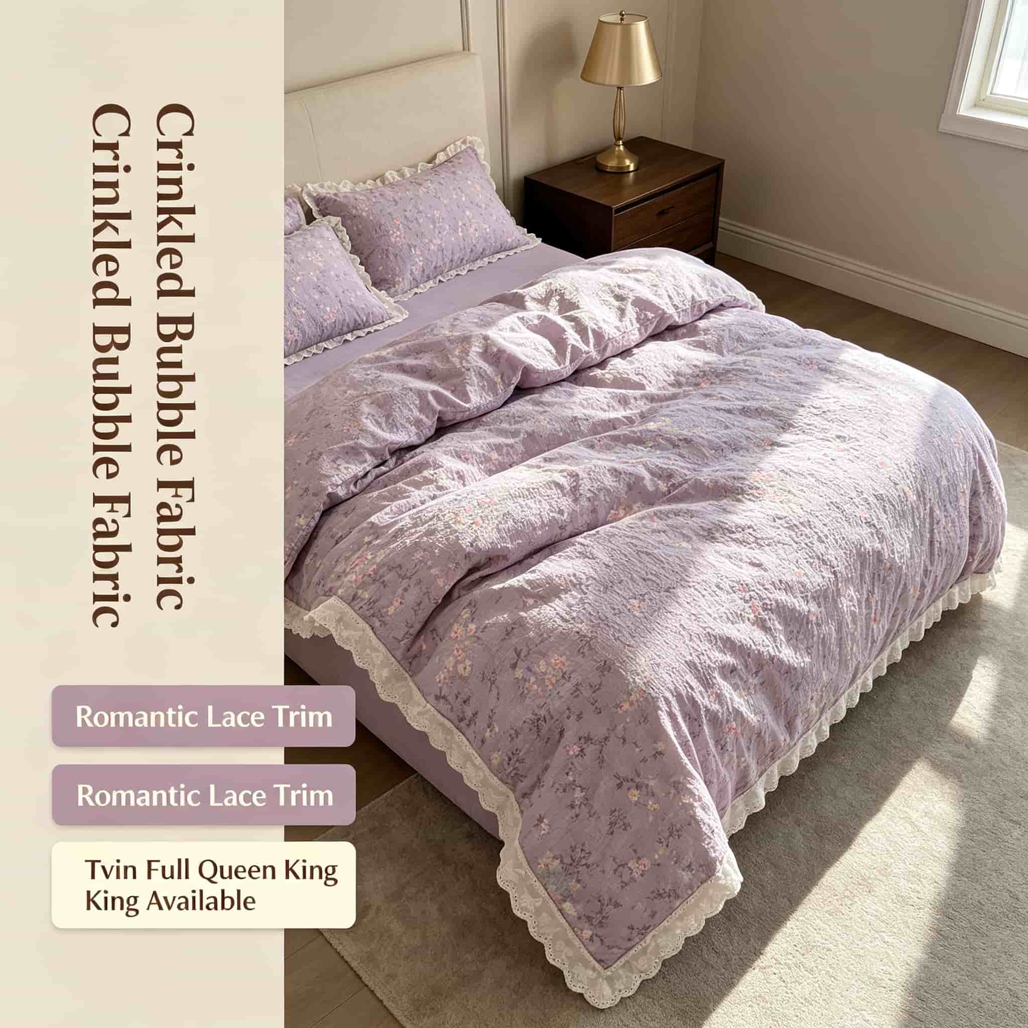 Aesthetic Floral Duvet Cover - Ruffle Lace Floral Bedding Sets, Purple
