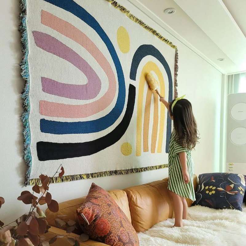 Textile City Abstract Rainbow  - Boho Throw Blanket Fringe ulasan dan harga
