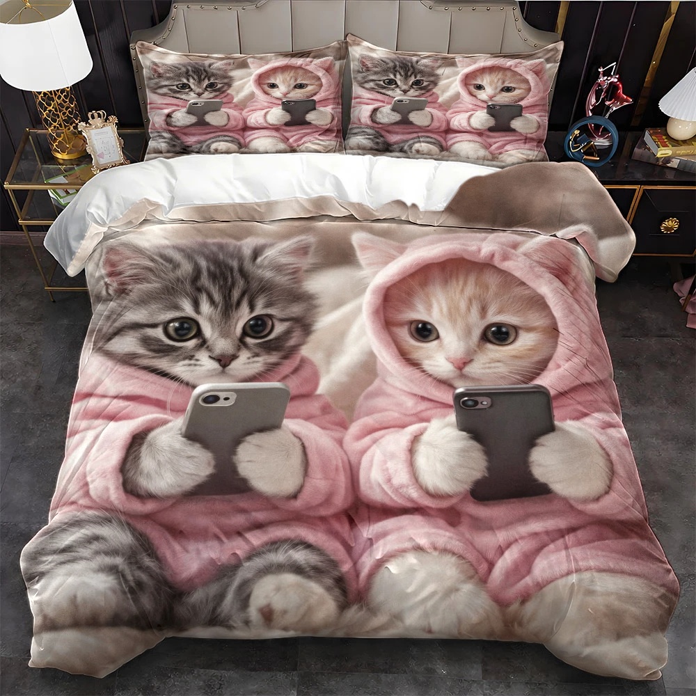 3Pc Cute Cat Playing with Phon - Duvet Cover Sets With Zipper ulasan dan harga