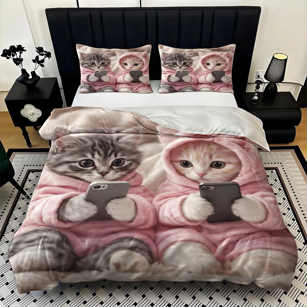 3Pc Cute Cat Playing with Phon - Duvet Cover Sets With Zipper ulasan dan harga